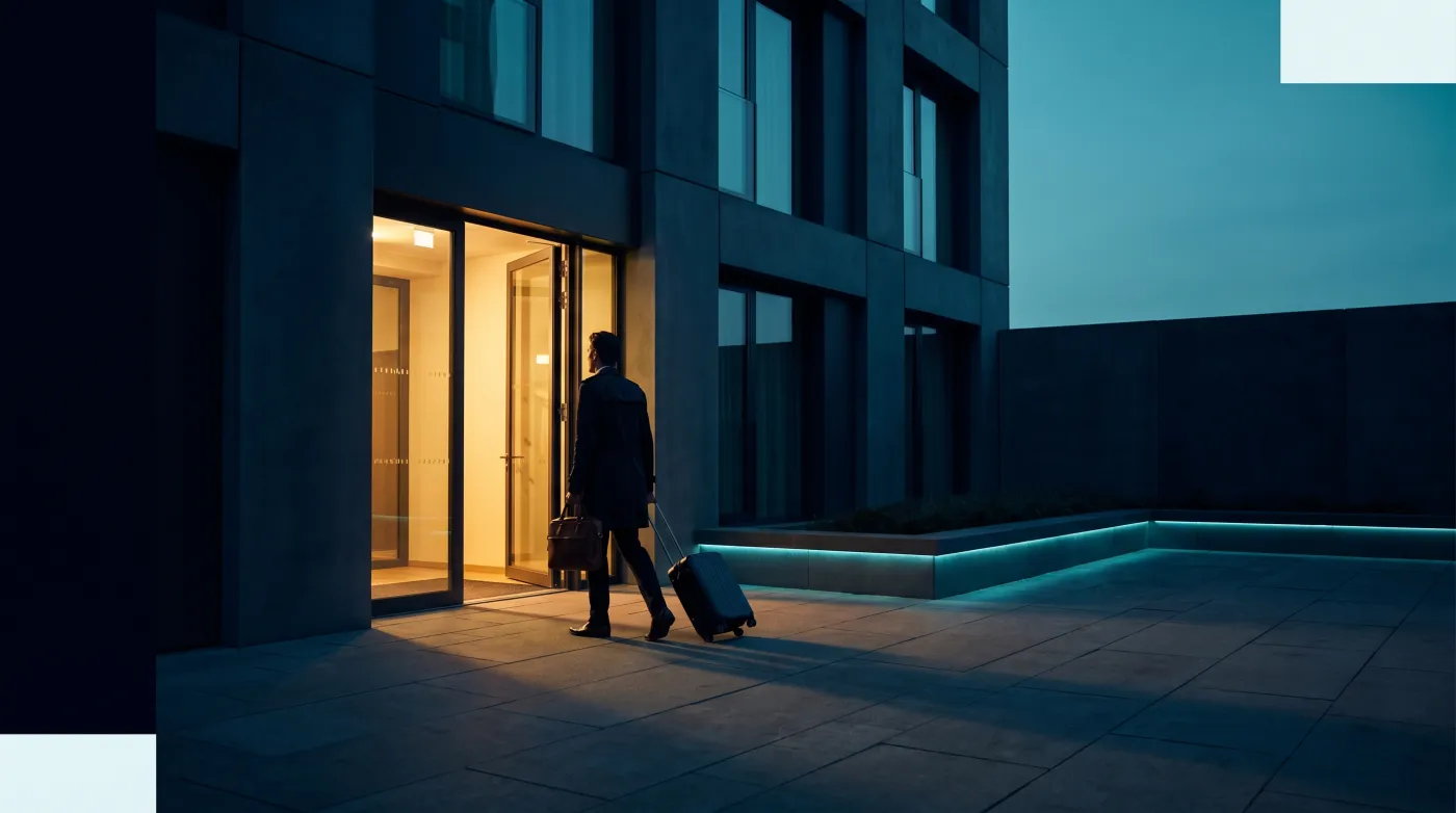 Business traveller arriving at a Maine Stays serviced apartment