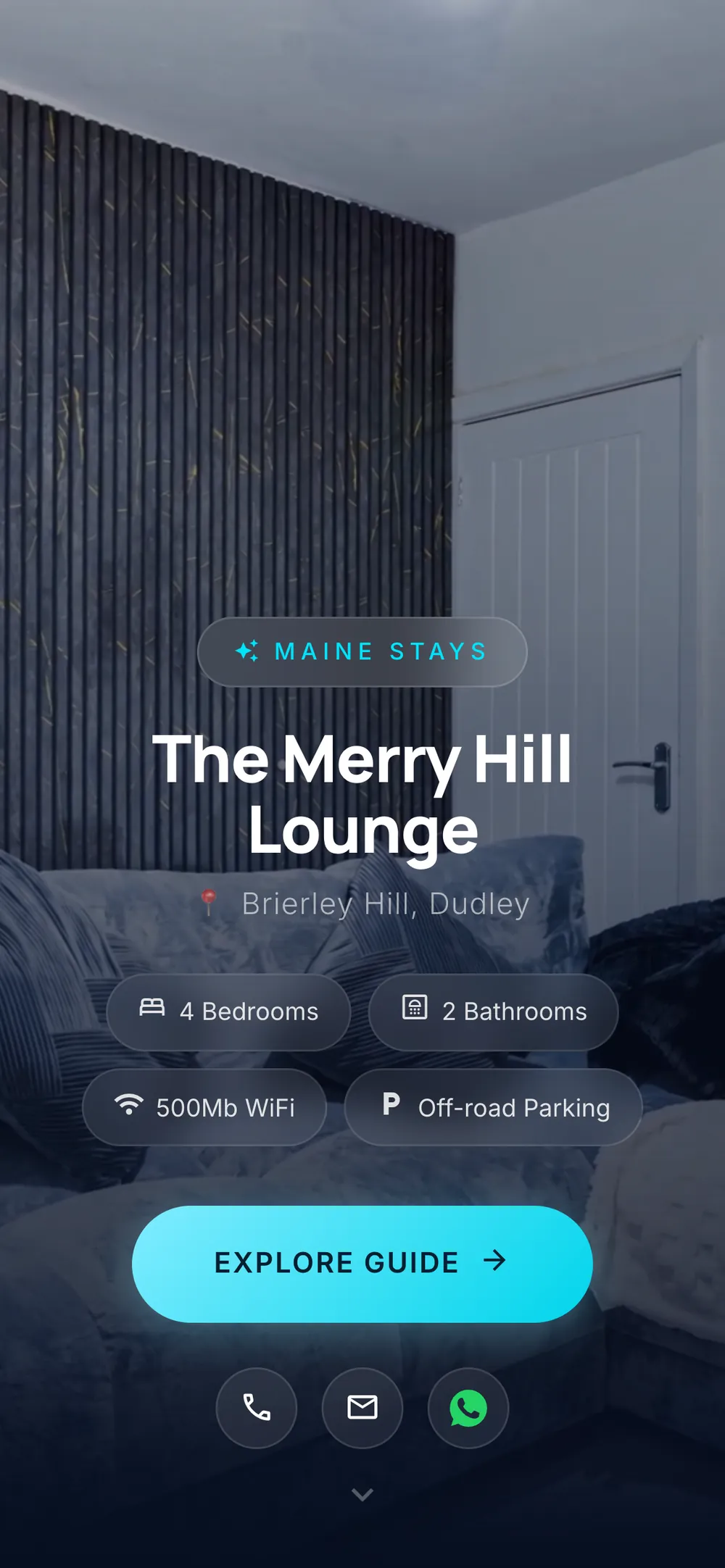 The Maine Stays digital guidebook for The Merry Hill Lounge open on a phone, showing its cover screen with bedrooms, bathrooms, Wi-Fi and parking