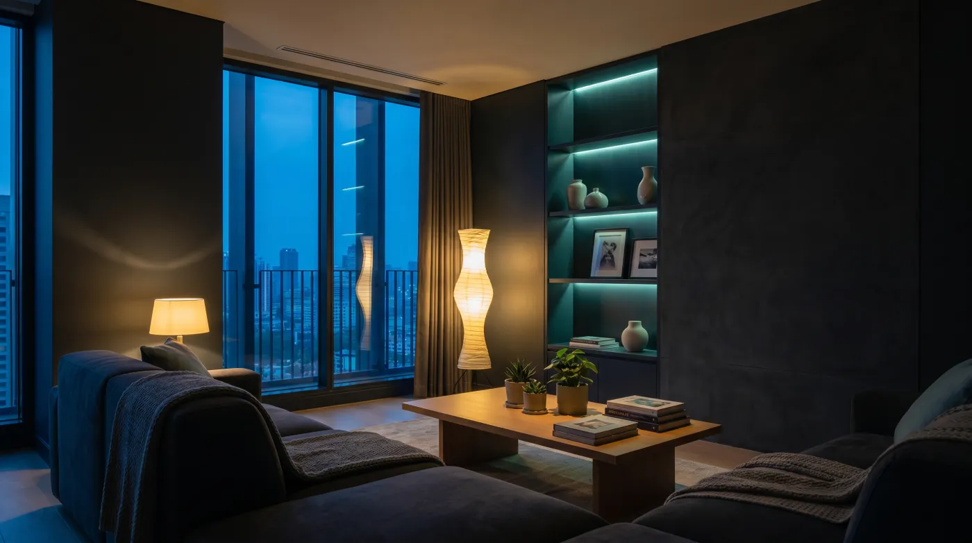 Stylish Maine Stays living room in the evening